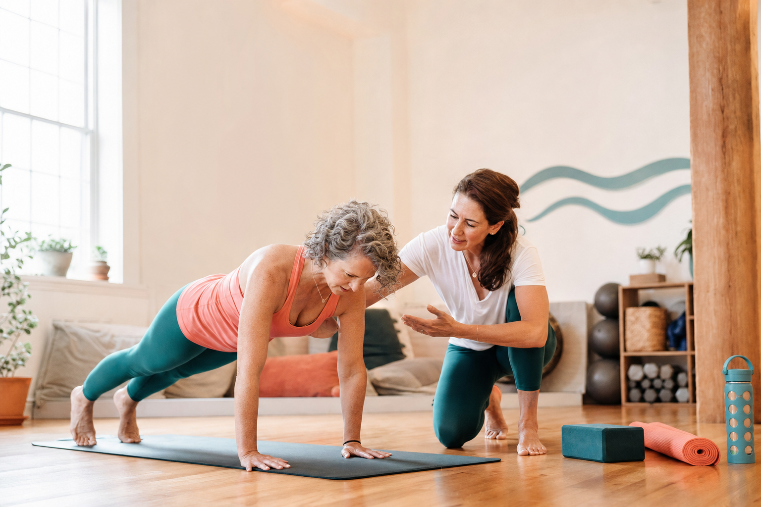A woman in her 50s holds a plank with focused form while a coach offers guidance at a warm, modern fitness studio