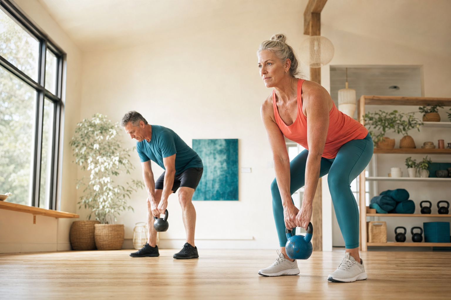 Older adult performing strength training with dumbbells in a gym setting