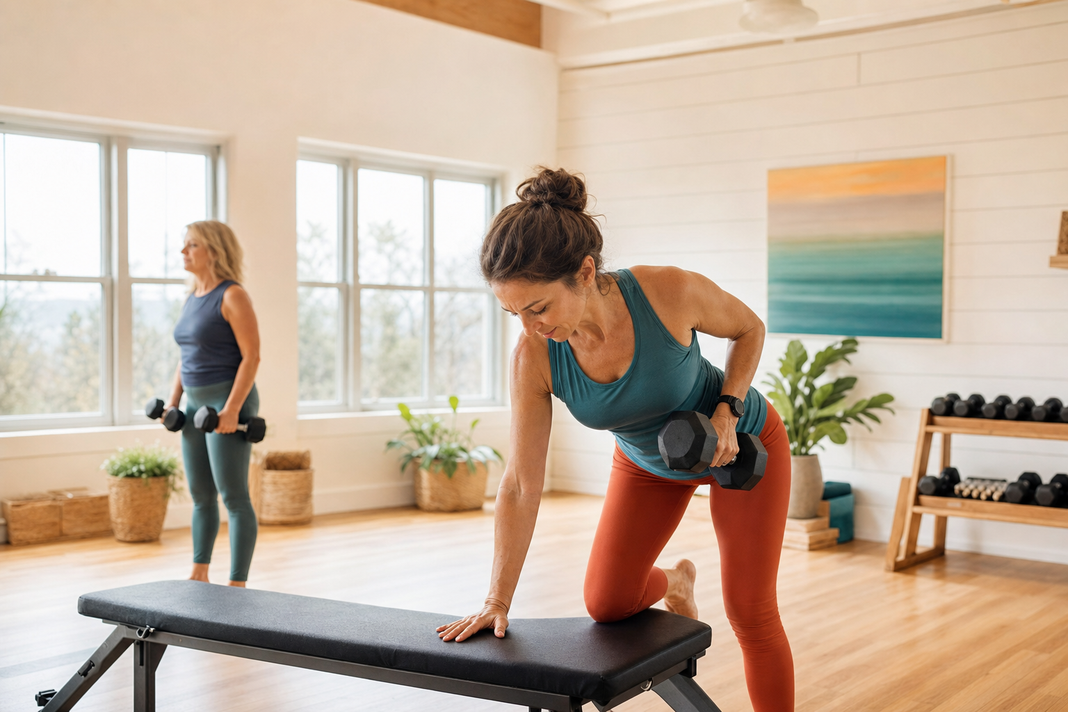 Woman performing strength training exercise in gym, focused on proper form and progressive overload