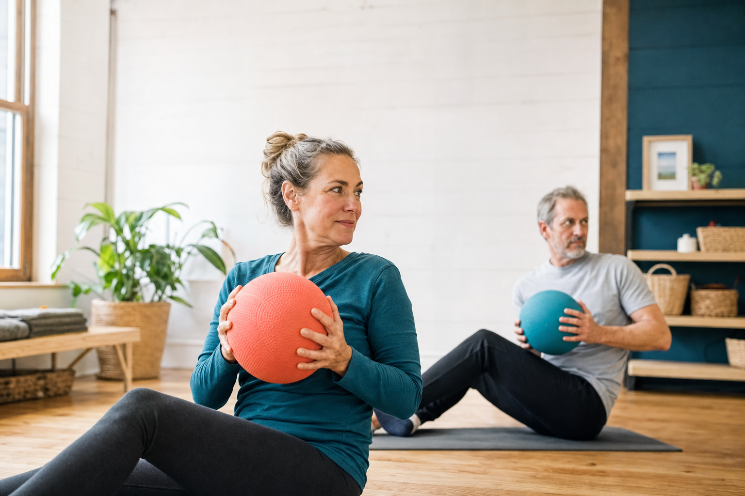 Older adult performing a medicine ball exercise in a gym setting, demonstrating safe power training