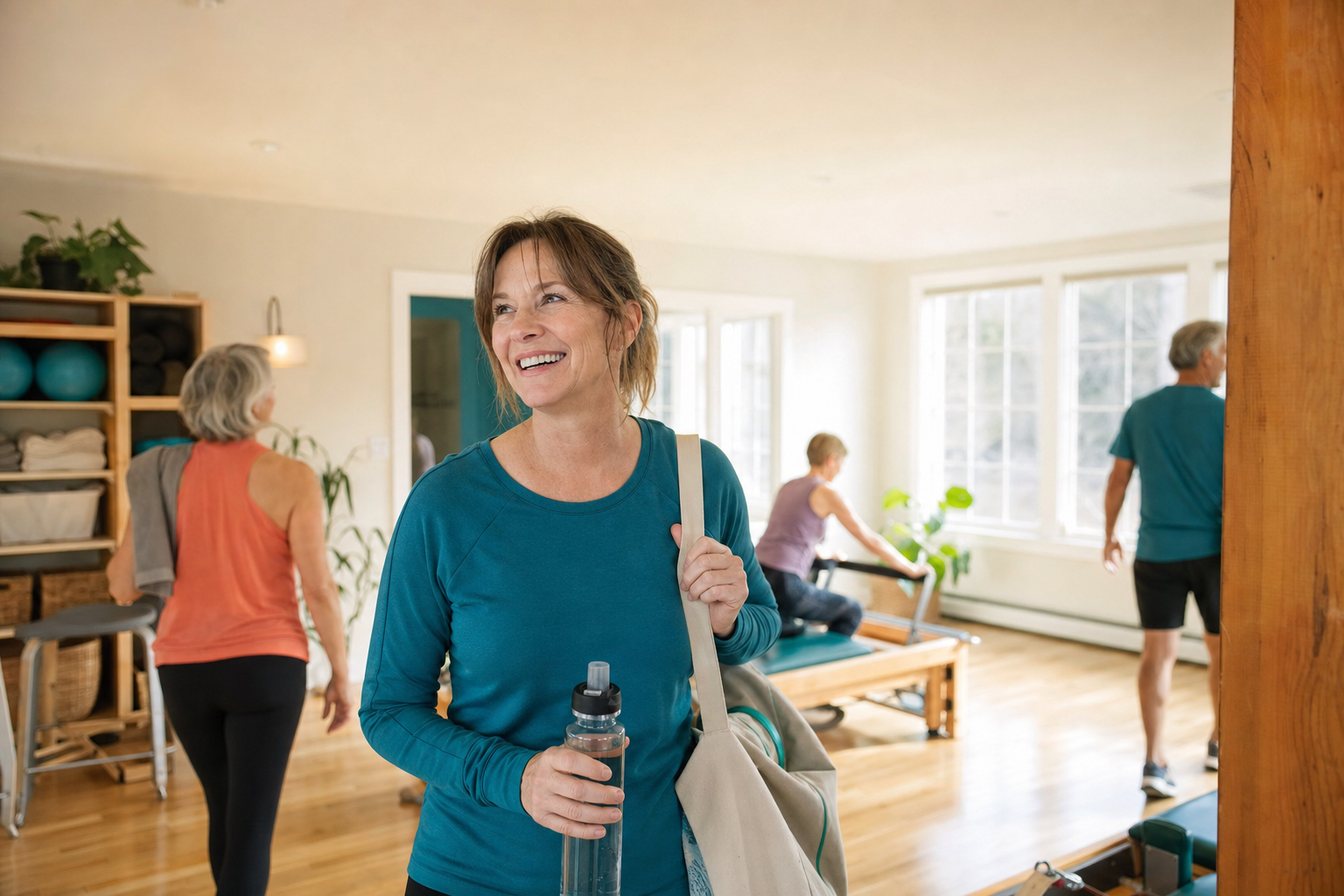 Woman in her 40s entering a gym for the first time, looking toward the training floor with quiet determination