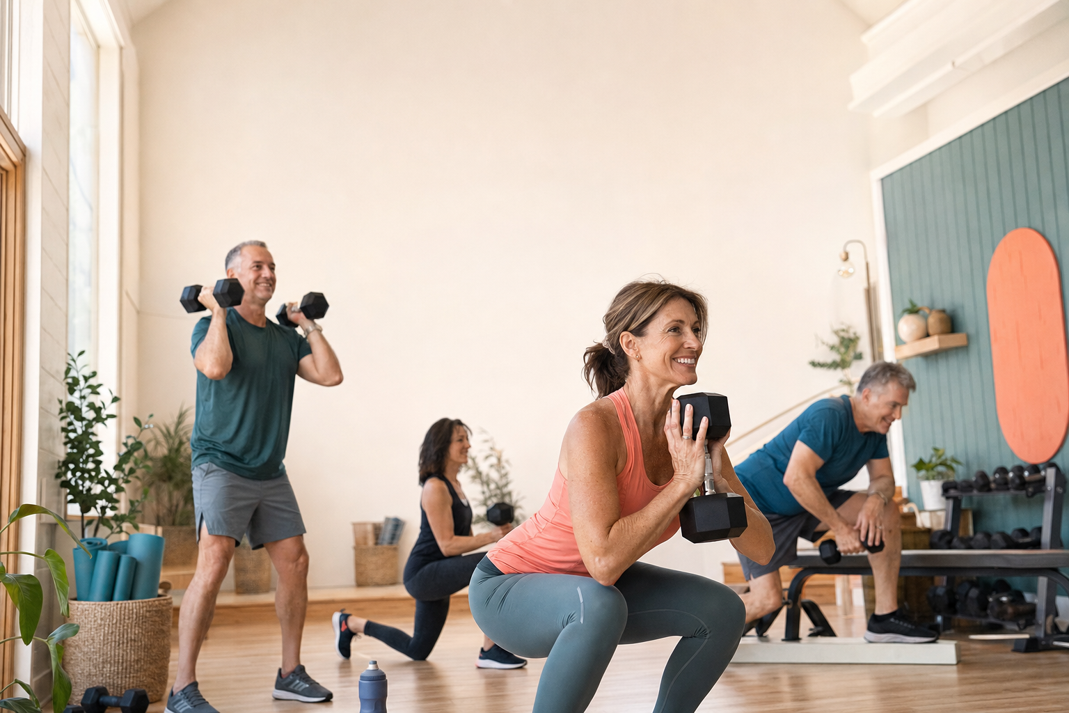 Small group of adults training with kettlebells and barbells in a gym setting with a coach providing individual attention